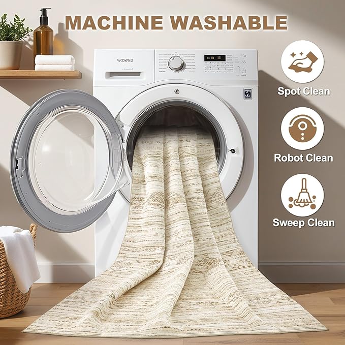 Nakagishi 7X9 Area Rug Living Room: Washable Boho Large Neutral Modern Soft Farmhouse Beige Rugs Stain Resistant Indoor Floor Non-Slip Carpet for Women Home Enthusiasts Aged 25-45 - Bedroom Room Decor