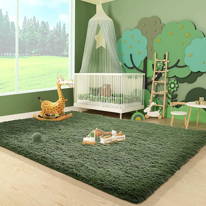 Ophanie Gray Green Grass Area Rugs for Bedroom, 3x5 Shag Fluffy Carpet, Fuzzy Furry Plush Soft Cute Kids Baby Girls Shaggy Bedside Floor Rug for Teen Dorm Nursery Home Decor Aesthetic