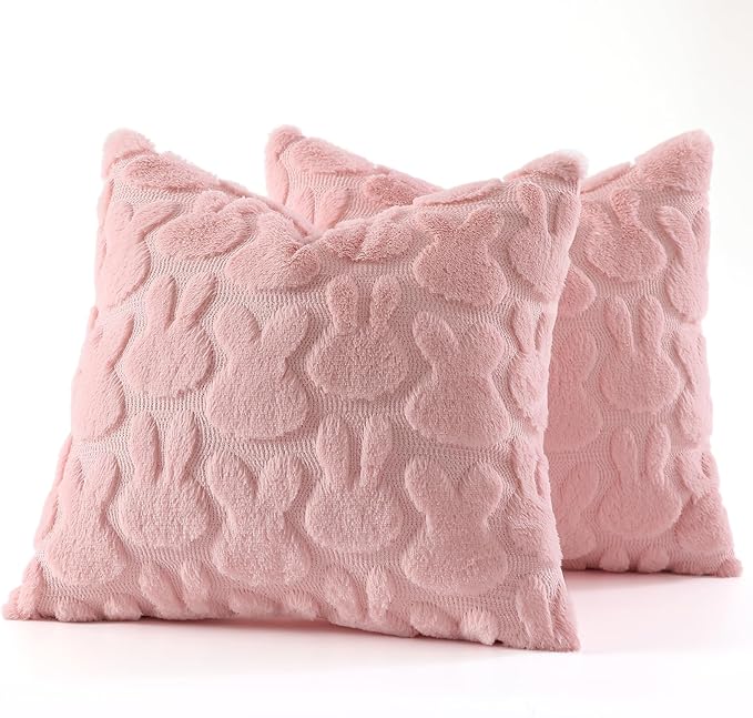 decorUhome Easter Bunny Pillow Covers 18x18 Inch Set of 2, Soft Plush Faux Wool Jacquard Pink Rabbit Cushion Covers, Farmhouse Neutral Spring Easter Holiday Decor for Couch Sofa Bed
