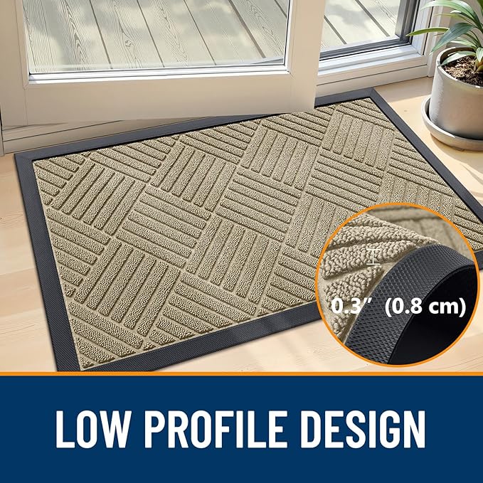 OLANLY Front Door Mat Outside Entrance 47x32, Absorbent, Heavy Duty Sturdy Natural Rubber Doormat Indoor Outdoor, Stain and Fade Resistant, Non-Slip Low Profile Floor Mat for Entryway, Beige Diamond