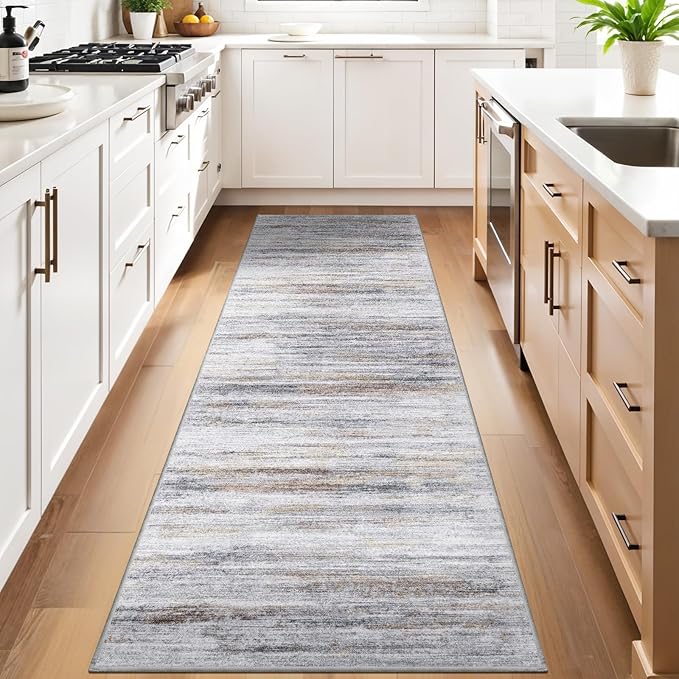 3x10 Washable Runner Rug for Family: Easy-to-Clean Runners for Hallway Entryway Bedroom - Stain and Water Resistant Rugs with Non-Slip Backing - Soft Low-Pile Carpet 10ft Beige Grey