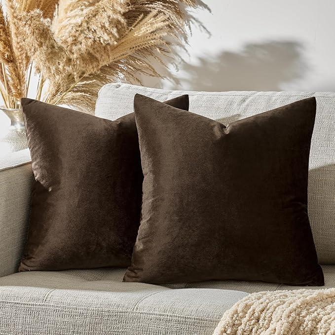GIGIZAZA Brown Velvet Pillow Covers 22x22,Square Solid Throw Pillow Covers Decorative Modern Pillows Big Vintage Cases for Couch Pack of 2