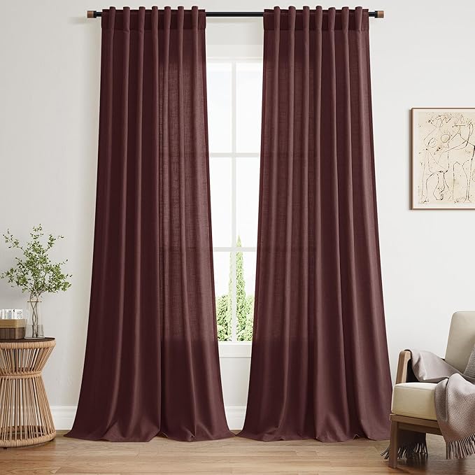 Extra Long Curtain Reddish Brown Morden Linen Blend Light Filtering Back Tab Curtains for Long Winodws 120 Inches Length, Semi Sheer Privacy Drapes for Living Room, 52x120 inch, 2 Panels