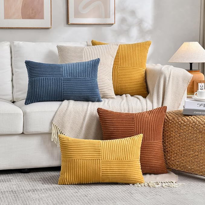 Fancy Homi 2 Packs Rust Long Lumbar Decorative Throw Pillow Covers 16x24 Inch for Couch Bed Sofa, Farmhouse Boho Home Decor, Soft Striped Corduroy Rectangle Accent Terracotta Cushion Case 40x60 cm