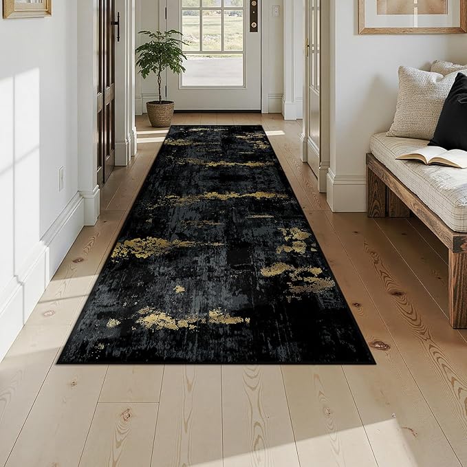 Washable Area Rugs 3x9 Non-Slip Modern Abstract Soft for Living Room Entryway Bedroom Nursery, Print Pattern, Dark Black Gold