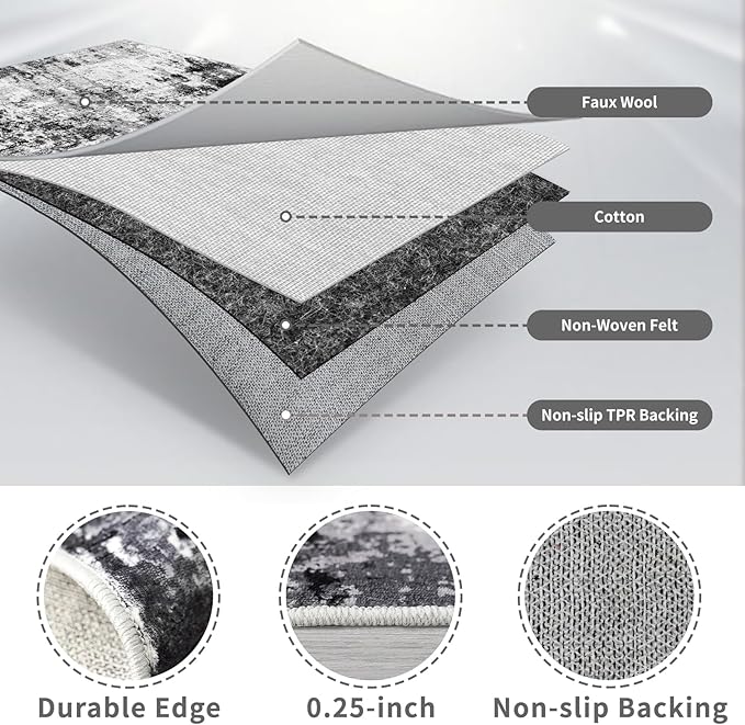 3x12 Washable Runner Rugs for Hallway: Long Abstract Runners for Entryway Bedroom - Stain and Water Resistant Rugs with Non-Slip Backing - Soft Low-Pile Carpet Black Grey