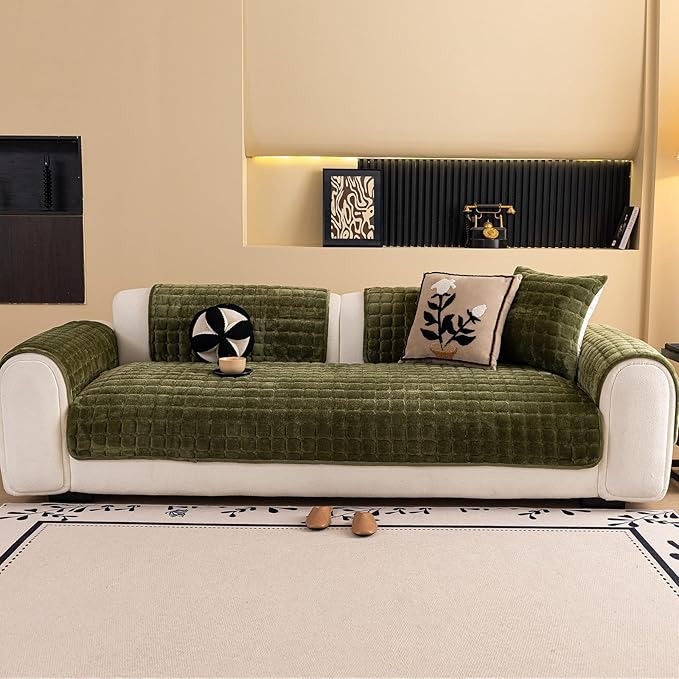 Velvet Couch Cover, Washable Sectional Sofa Cover, Anti Slip Sofa Slipcover for 3 Cushion Couch Sofa L Shaped Armrest Backrest, Furniture Protector Covers for Pets Kids(1PC, Green, 28"×28")