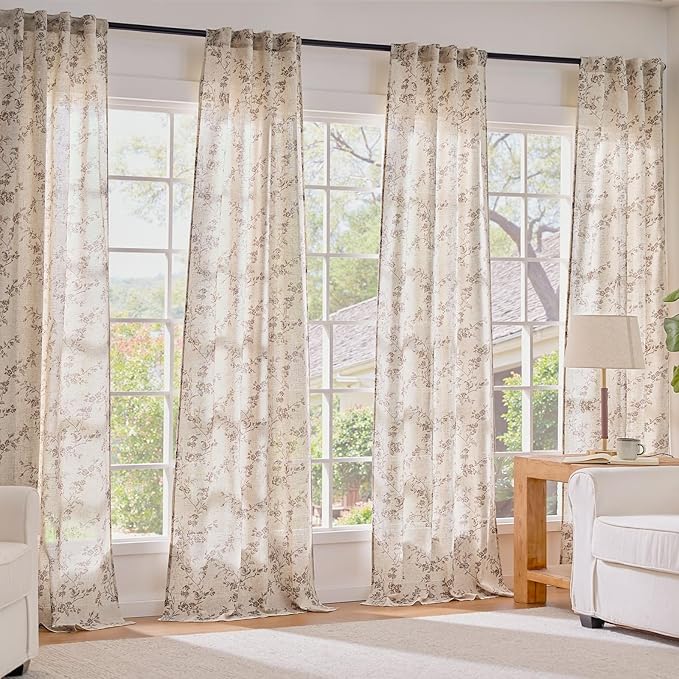 Lazzzy Farmhouse Linen Curtains Extra Long Taupe Floral Curtains 108 Inch Length Back Tab Drapes for Living Room Bedroom Light Filtering Country Vintage Rod Pocket, 2 Panels, Taupe on Beige