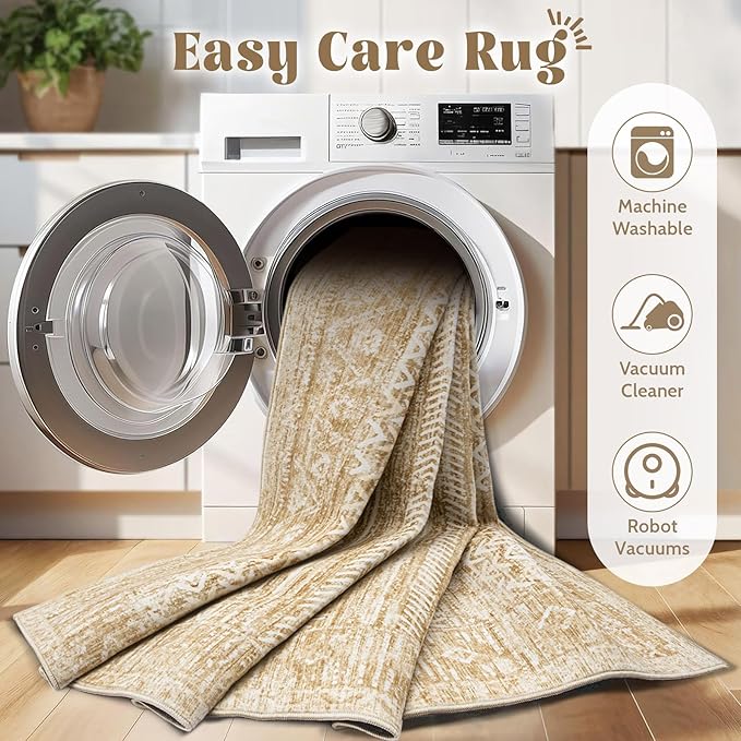 Washable Area Rug 5x7: Moroccan Rug for Living Room Geometric Boho Rug Farmhouse Non Slip Stain Resistant Rugs Low Pile Soft Carpet for Bedroom Dining Room Home Office Kids Room (Light Brown,5'x7')
