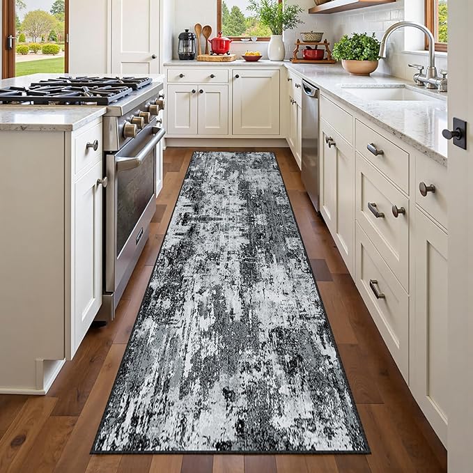 Washable Area Rugs 2'x6' Non-Slip Modern Abstract Soft for Living Room Entryway Bedroom Nursery, Print Pattern, Black Navy Blue Gray