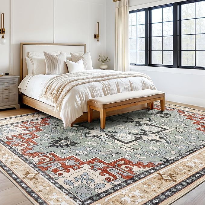 Lofus 9x12 Area Rugs for Living Room, Machine Washable Area Rug, Soft Large Rugs for Bedroom, Kitchen, Office and Indoor, Vintage Boho Carpet, Non-Slip Low Pile Carpets, Beige Orange