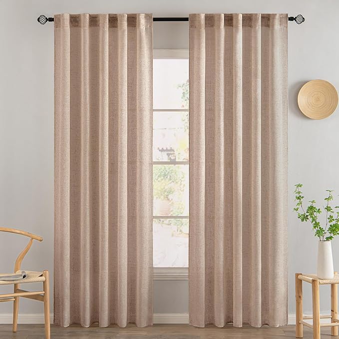 MIULEE Natural Beige Linen Curtains 84 Inch Length 2 Panels for Bedroom Living Room, Soft Linen Textured Window Drapes Semi Sheer Light Filtering Back Tab Rod Pocket Farmhouse Burlap Look Decor