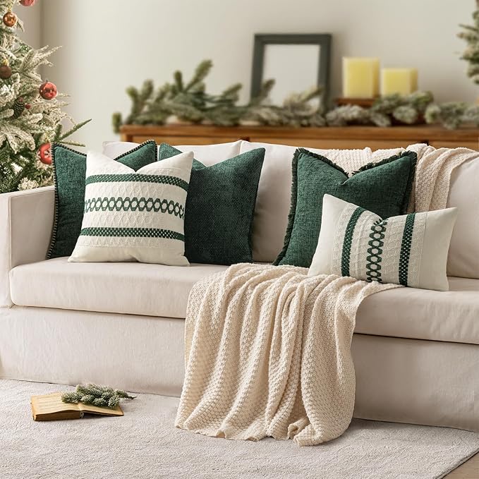 MIULEE Pack of 2 Christmas Pillow Covers 16x16 Inch Dark Green Farmhouse Decorative Throw Pillow Covers with Stitched Edge Soft Chenille Solid Dyed Couch Pillow Covers for Sofa Bed Living Room