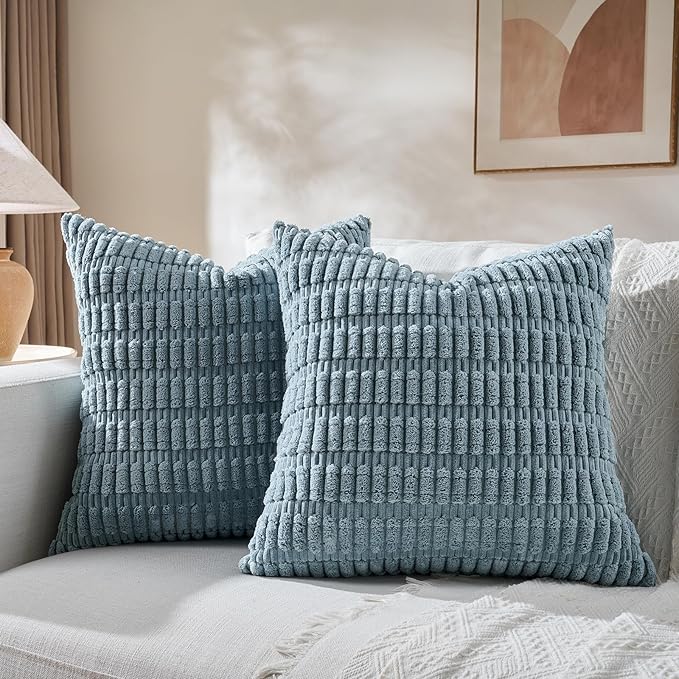 Fancy Homi 4 Packs Boho Light Blue Decorative Throw Pillow Covers 20x20 Inch for Couch Bed Sofa, Rustic Modern Farmhouse Home Decor, Soft Plush Corduroy Square Cute Cushion Case 50x50 cm