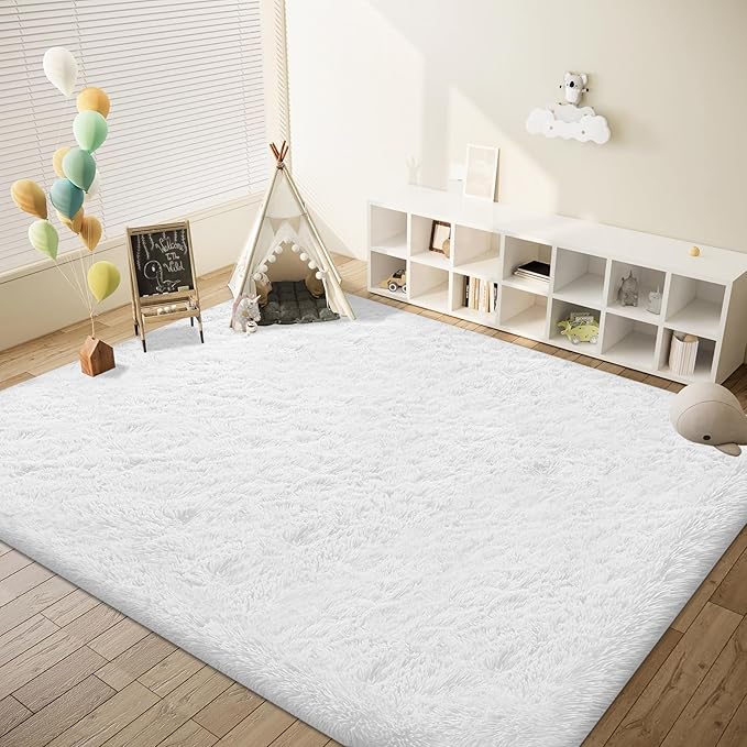 8x10 Area Rugs for Living Room: Fluffy Shag Soft Washable Rug Large Fuzzy Plush Indoor Carpet for Bedroom Nursery Playroom Kids Girls Boys Room (White, 8'x10')