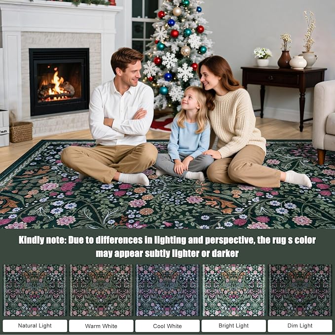 Round Area Rug for Living Room: 4 ft Floral Washable Circle Rug Soft Boho Non-Slip Carpet Indoor Stain Resistant Low Pile Small Circular Rug for Bedroom Entryway Kitchen Nursery Home Office Dark Green