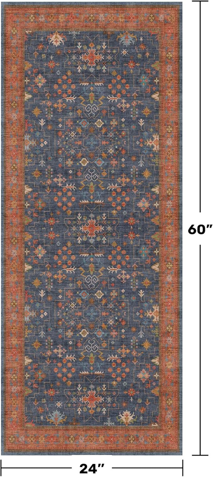 Hazo Haus Navy Blue Runner Rug 2x5 for Hallway, Kitchen, Bathroom, Mudroom, Laundry Room, Washable Non Slip Non Skid Rubber Backing Low Pile Stain Resistance