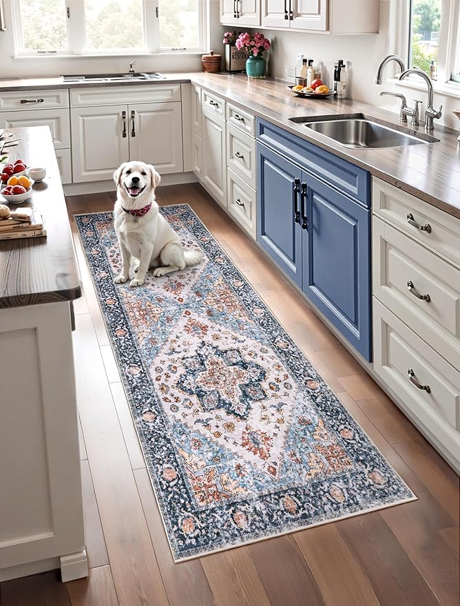 SERISSA Boho Kitchen Runner Rug, 3x7 Washable Non-Slip Runner Rug for Hallways Kitchen Rug, Ultra Soft Vintage Blue Orange Print Distressed Tribal Floor Carpet Runner for Bedroom Entryway Laundry Room