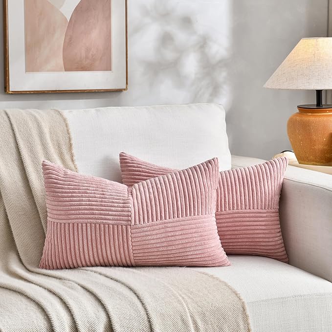 Fancy Homi 2 Packs Blush Pink Lumbar Decorative Throw Pillow Covers 16x28 Inch for Living Room Couch Bed, Rustic Farmhouse Boho Home Decor, Soft Striped Corduroy Rectangle Accent Cushion Case 40x70 cm