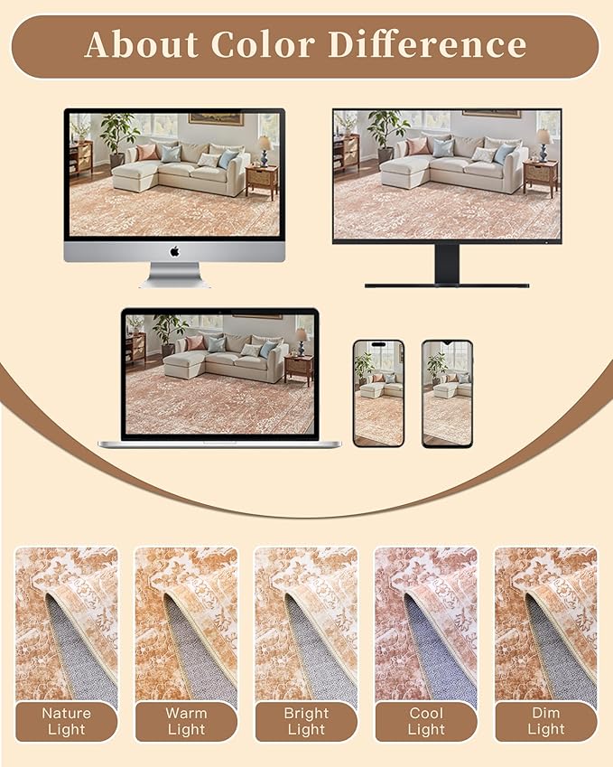Madane 8x10 Area Rugs for Living Room, Machine Washable Vintage Rug with Non-Slip Backing, Soft Floral Print Large Throw Rugs, Thin Carpet for Bedroom Dining Room Farmhouse (8 x 10, Jasper Orange)
