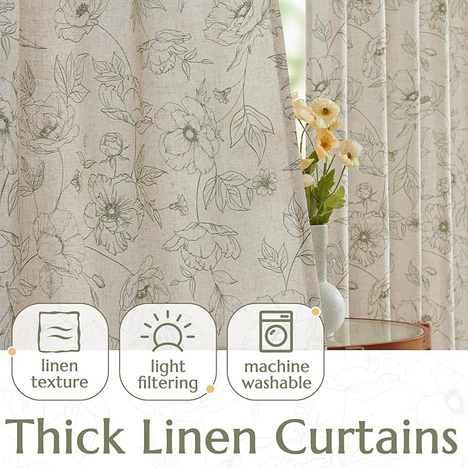 jinchan Floral Linen Curtains for Living Room 84 Inch Length Green Flower Curtain Rod Pocket Back Tab Farmhouse Curtains with Printed Floral Bedroom Window Curtain Set, 2 Panels Green