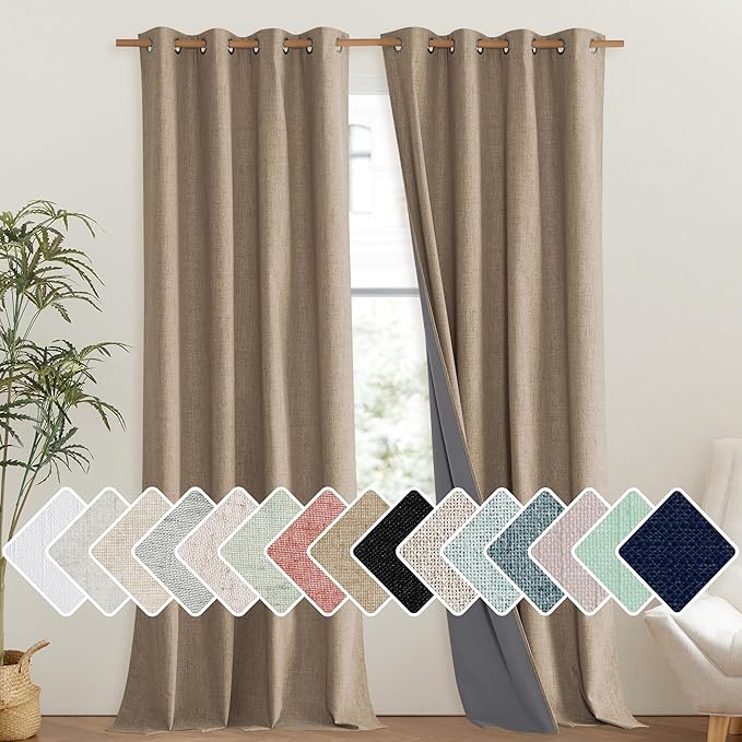 NICETOWN Burlap Vintage Open Linen Weave Flax Thermal Curtains, 100% Blackout Curtains 120" Long for Dining Room, Soundproof Window Treatment Drapes for Hall Room, 52" Wide Per Panel, Set of 2