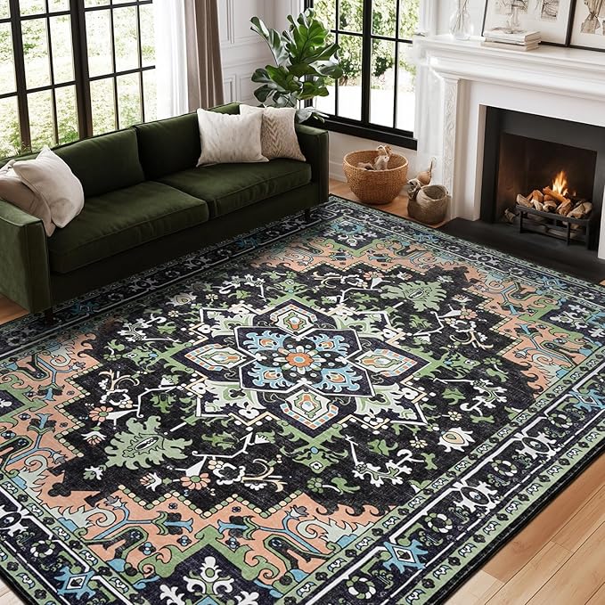 Lofus 6x9 Washable Area Rugs, Large Area Rug for Living Room, Bedroom, Office, Dining Room, Non-Slip Vintage Boho Rug, Low-Pile Soft Carpet, Traditional Oriental Style, Dark Green