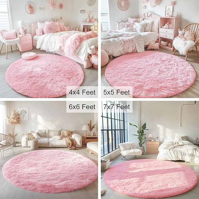 OLANLY Pink Round Rugs for Bedroom - Machine Washable, 4 ft Circle Area Rugs for Living Room, Soft and Fluffy Shaggy Carpet for Teen Girls and Boys, Nursery Rooms, Dorms, Home Decor Aesthetic