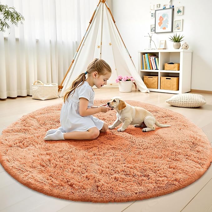 OLANLY Muted Orange Round Rugs for Bedroom - Machine Washable, 8 ft Circle Area Rugs for Living Room, Soft and Fluffy Shaggy Carpet for Teen Girl and Boys, Nursery Rooms, Dorms, Home Decor Aesthetic