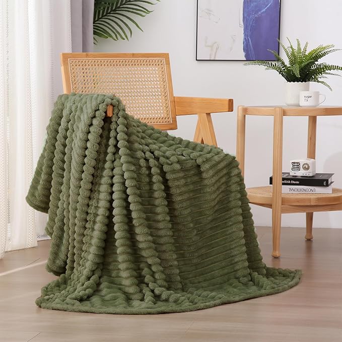 Olive Green Fleece Throw Blanket 90”×90” for Couch Sofa Bed,Super Soft Cozy Plush Microfiber Flannel Blanket with Stripes Design Lightweight for Adults,Woman,Girls