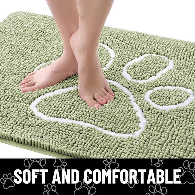 Smiry Dog Door Mat for Muddy Paws, Absorbent Dirt Trapper Non Slip Quick Dry Washable Chenille Mat for Mud Dogs, Entry Rug for Indoor and Outdoor (24x16 Inches, Sage Green and White)