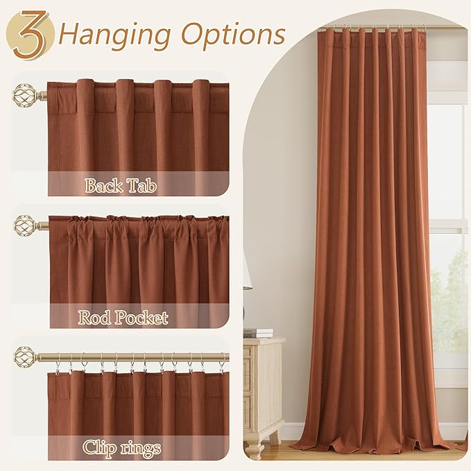 Guken Terracotta 100% Blackout Curtains 120 Inch Length 2 Panels Set Fall Curtains for Living Room Bedroom Back Tab Thermal Insulated 100% Black Out Linen Drapes，52x120