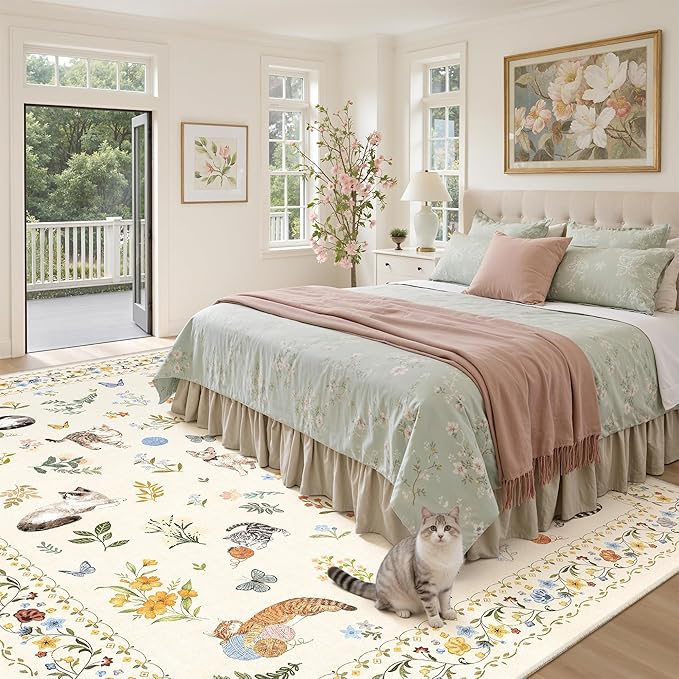Cat 8x10 Area Rugs for Living Room, Machine Washable Animal Floral Vintage Rug Non-Slip Low Pile Soft Throw Large Rugs for Bedroom Dining Room Kitchen Nursery Playroom (8 x 10,Beige)