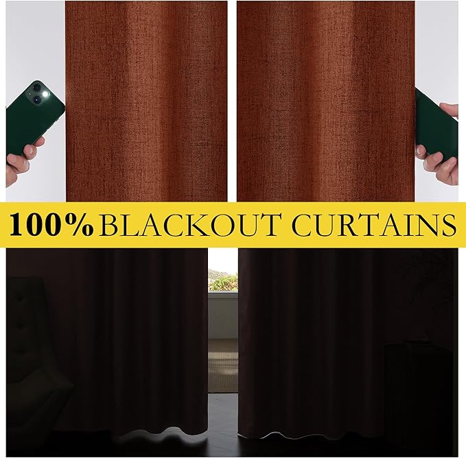 NICETOWN 100% Absolutely Blackout Linen Curtains with Thermal Insulated Liner, 62" Wide, 2 Panels, 102" Long Drapes, Grommet Retro Burnt Orange Linen Curtains Vertical Drapes Privacy for Bedroom