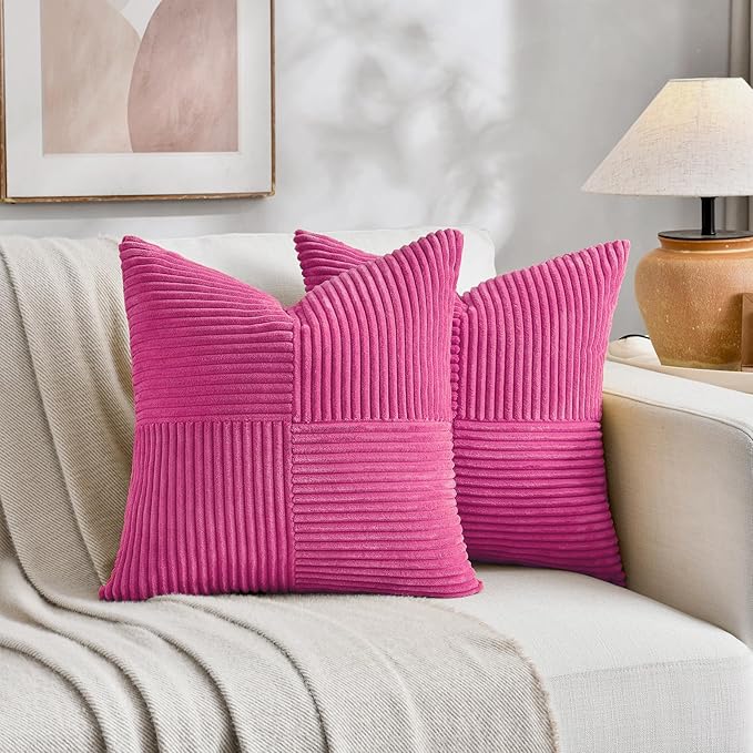 Fancy Homi 2 Packs Hot Pink Decorative Throw Pillow Covers 18x18 Inch for Living Room Couch Bed Sofa, Rustic Farmhouse Boho Home Decor, Soft Corss Corduroy Patchwork Textured Cushion Case 45x45 cm