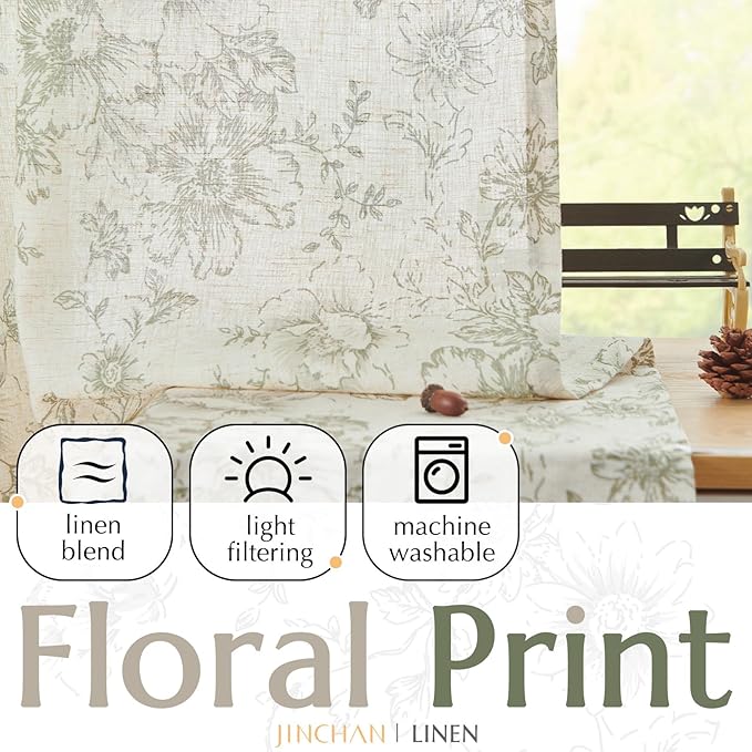 jinchan Linen Floral Curtains 96 Inch Length for Living Room Bedroom Light Filtering Farmhouse Peony Flower Drapes Rustic Window Curtain Set Rod Pocket Back Tab 2 Panels Green