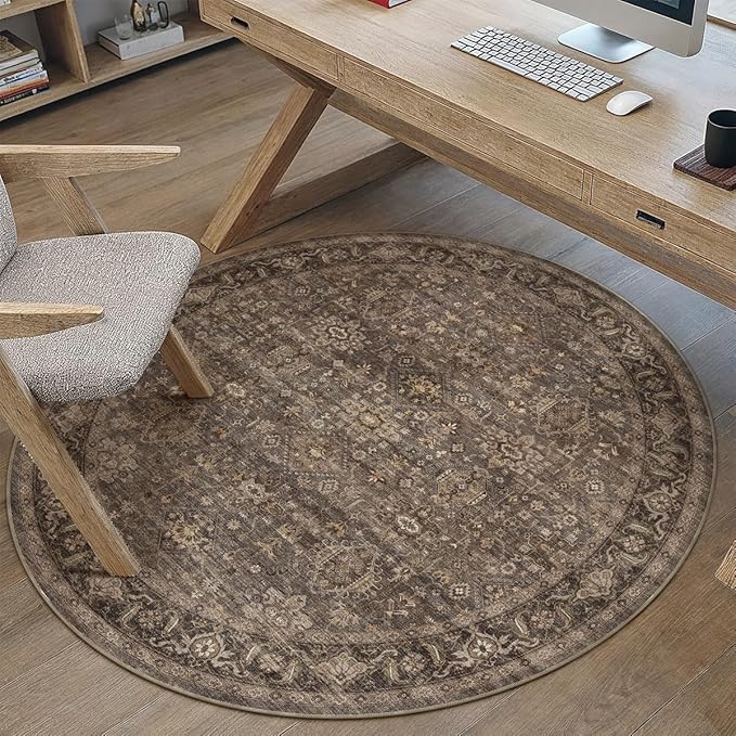 3x3 Washable Round Rug for Entryway Vintage Brown Non Slip Low Pile Carpet Traditional Retro Soft Cirlce Rug for Entrance Bathroom Door Mat Indoor Dorm Dining Room