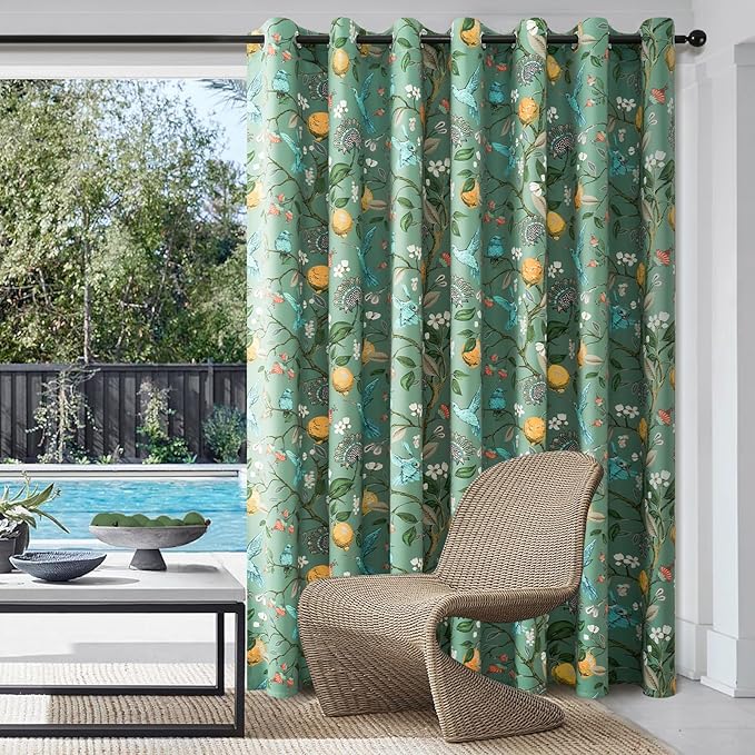 Topfinel Sliding Door Patio Floral Curtains & Drapes, Blackout Extra Wide Room Divider Large Sage Green Vintage Farmhouse Country Hummingbird Patterned Grommet Curtains 1 Single Panels W100 x L84