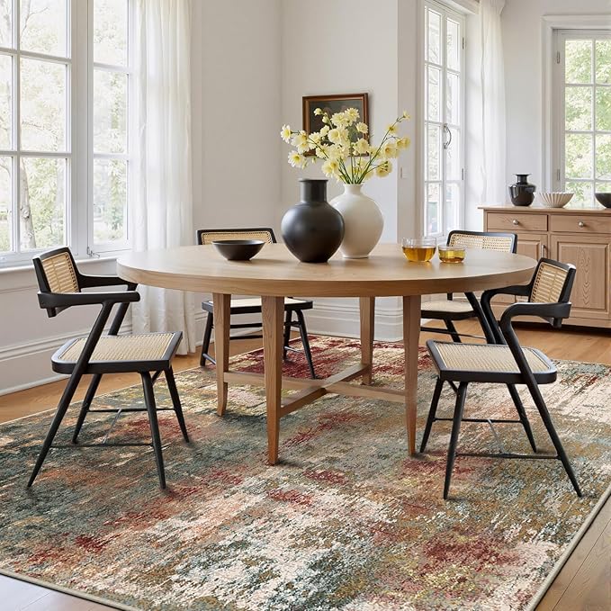 Washable Area Rugs Square 10ft Non-Slip Modern Abstract Soft for Living Room Entryway Bedroom Nursery, Print Pattern, Brown Rust Red Green Blue Multi
