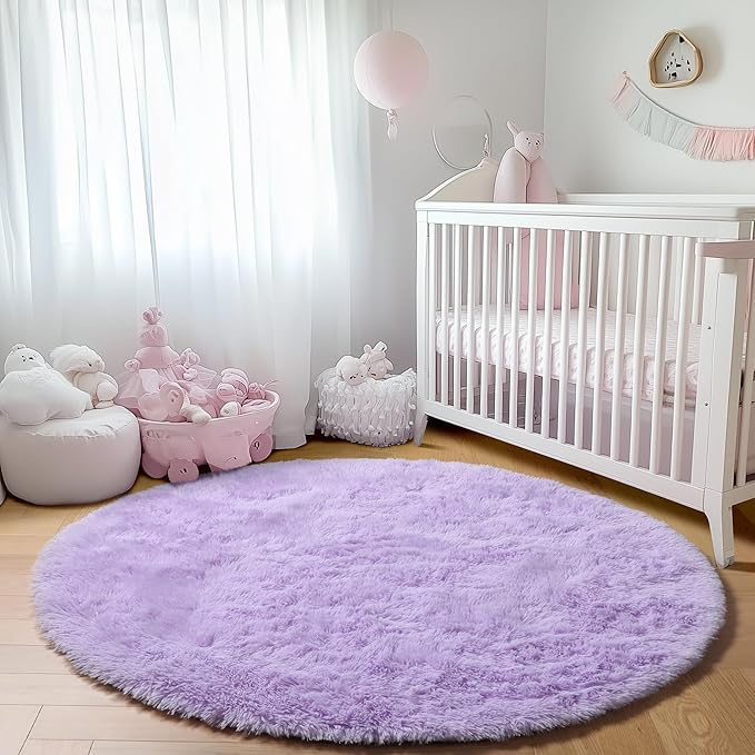 ONASAR Light Purple Round Area Rugs 5ft, Soft Bedroom Circle Rug Floor Mats for Kids Girls Teen, Cute Fluffy Plush Shaggy Carpet for Nursery Dorm Living Room Playroom Home Decor Princess Castle