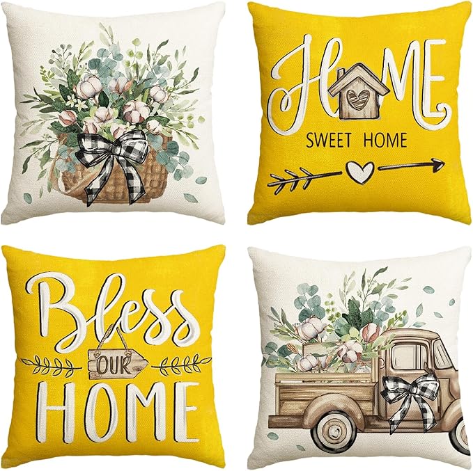 AVOIN colorlife Bless Our Home Farmhouse Eucalyptus Leaves Throw Pillow Covers, 20 x 20 Inch Yellow Truck Home Sweet Cushion Case Decorations Set of 4