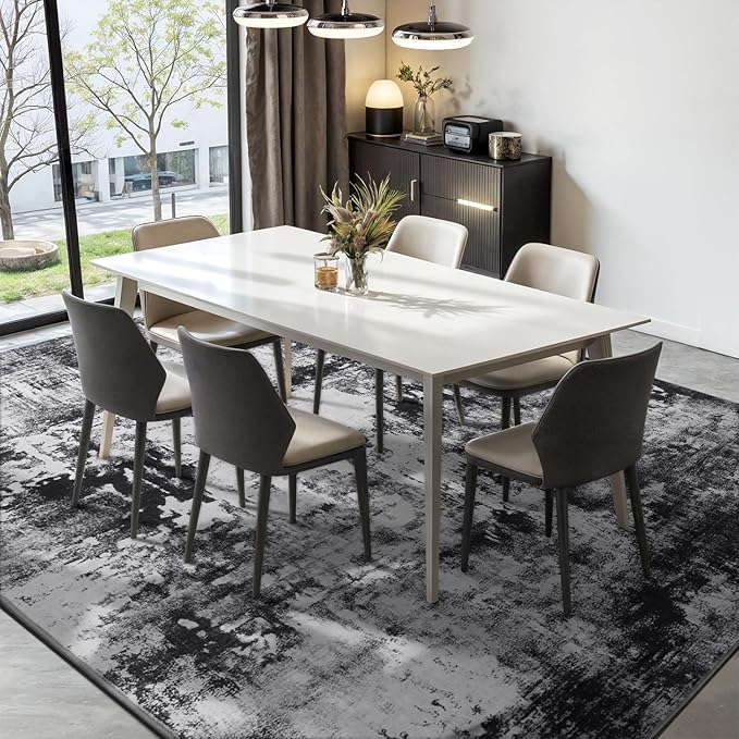 Rugflix 8x10 Area Rugs for Living Room, Black Grey Large Rug Stain-Resistant Low Pile, Big Washable Dark Carpet Non-Slip for Bedroom Dining Room Home Office Nursery Room