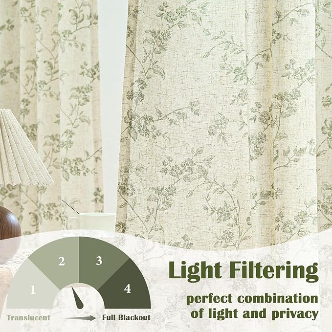 Lazzzy Green Floral Linen Curtains 84 Inch Farmhouse Back Tab Drapes for Living Room Bedroom Light Filtering Vintage Grandmillennial Rod Pocket Curtains, 2 Panels, W38 x L84, Green on Beige