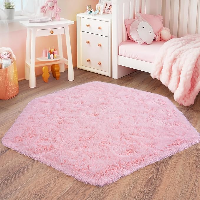 4x4.6 Feet Pink Hexagon Rugs for Princess Tent, Ultra Soft Fluffy Hexagon Area Rug for Bedroom, Cute Shag Rugs for Girls Room, Fuzzy Plush Carpet for Kids Room Tent Castle Home Decor