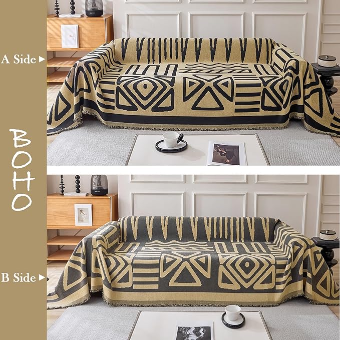 HANDONTIME Boho Geometric Couch Covers for Sofa Pet Friendly Taupe and Black Sofa Covers Washable Chenille Couch Blanket Cover for 1 2 Cushion Couches Pet Protector Furniture Cover Soft, 71" X 102"