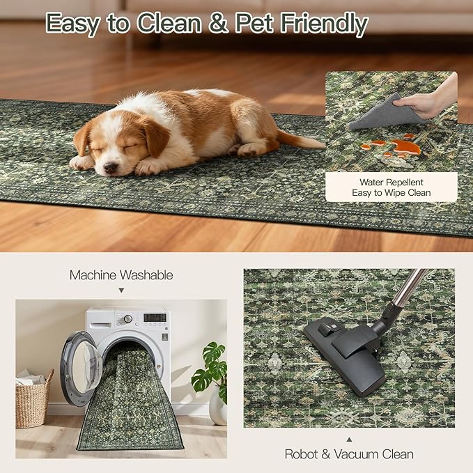 Lofus 2x10 Area Rug for Hallways,Green Washable Runner Rugs with Non Slip Rubber Backing, Low Pile Soft Carpet Runner for Kitchen Bathroom Bedroom Laundry
