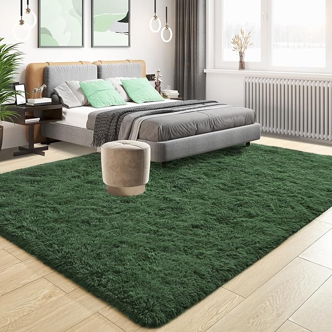 Tepook Fluffy Large Rugs for Living Room, Area Rug 6x9 Soft Carpet for Bedroom, Modern Shaggy Rug for Kids Boys Girls, Plush Indoor Nursery Home Decor Rug with Non-Slip Bottom, Dark Green