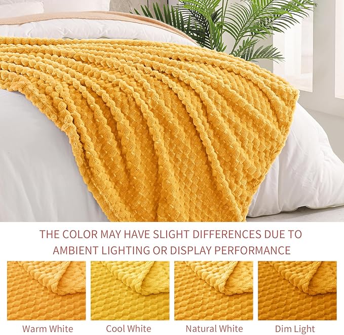 Exclusivo Mezcla Fleece Throw Blanket for Couch, Extra Large Fuzzy Mustard Yellow Bed Blankets, Soft Cozy Plush Sofa Throws for All Seasons, 50x70 Inches