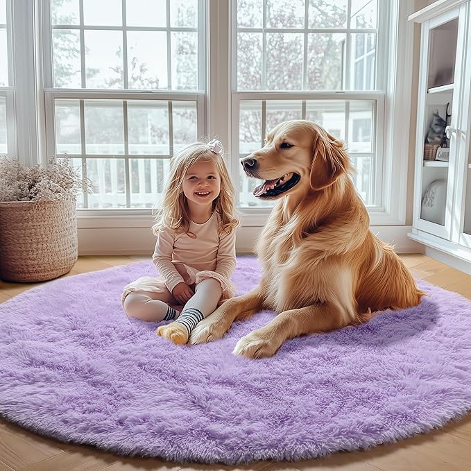 ONASAR Light Purple Round Area Rug 4ft, Soft Bedroom Circle Rugs Floor Mats for Kids Girls Teen Room, Cute Fluffy Plush Shaggy Carpet for Baby Nursery Living Room Playroom Dorm Home Decor