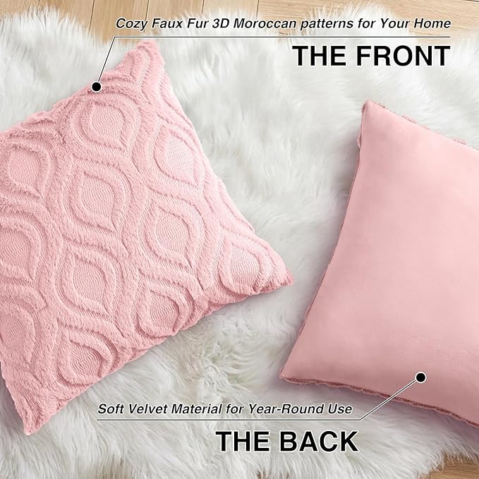 decorUhome Throw Pillow Covers 24x24 Inch Set of 2, Soft Plush Faux Wool Pink Solid Couch Pillow Covers, Accent Euro Sham Farmhouse Neutral Square Pillow Cases for Sofa Bed Living Room